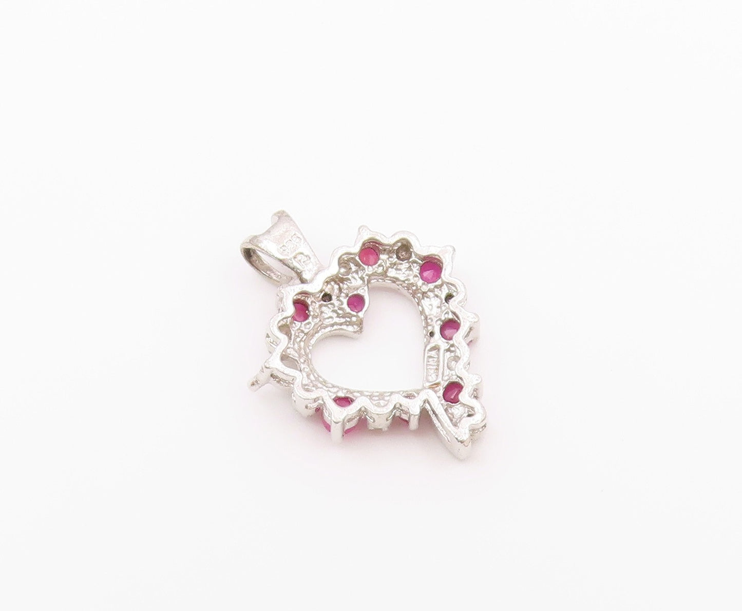 925 Sterling Silver Vintage Genuine Diamonds & Ruby Love Heart Pendant PT20093