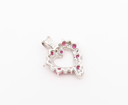 925 Sterling Silver Vintage Genuine Diamonds & Ruby Love Heart Pendant PT20093