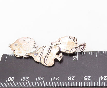 925 Sterling Silver Vintage Brooch Pin GEMW Solid Etched Swimming Fishes BP11254