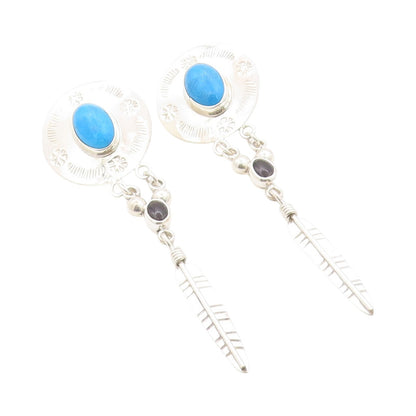 925 Sterling Silver Vintage Earrings MEXICO Etched Turquoise Drop Onyx  EG13575