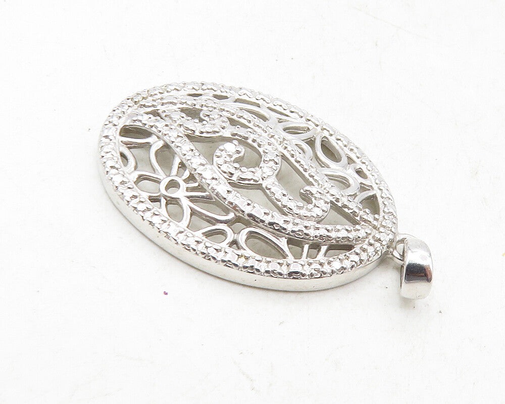 925 Sterling Silver  Genuine Diamond Open Floral Swirl Design Pendant  PT7732