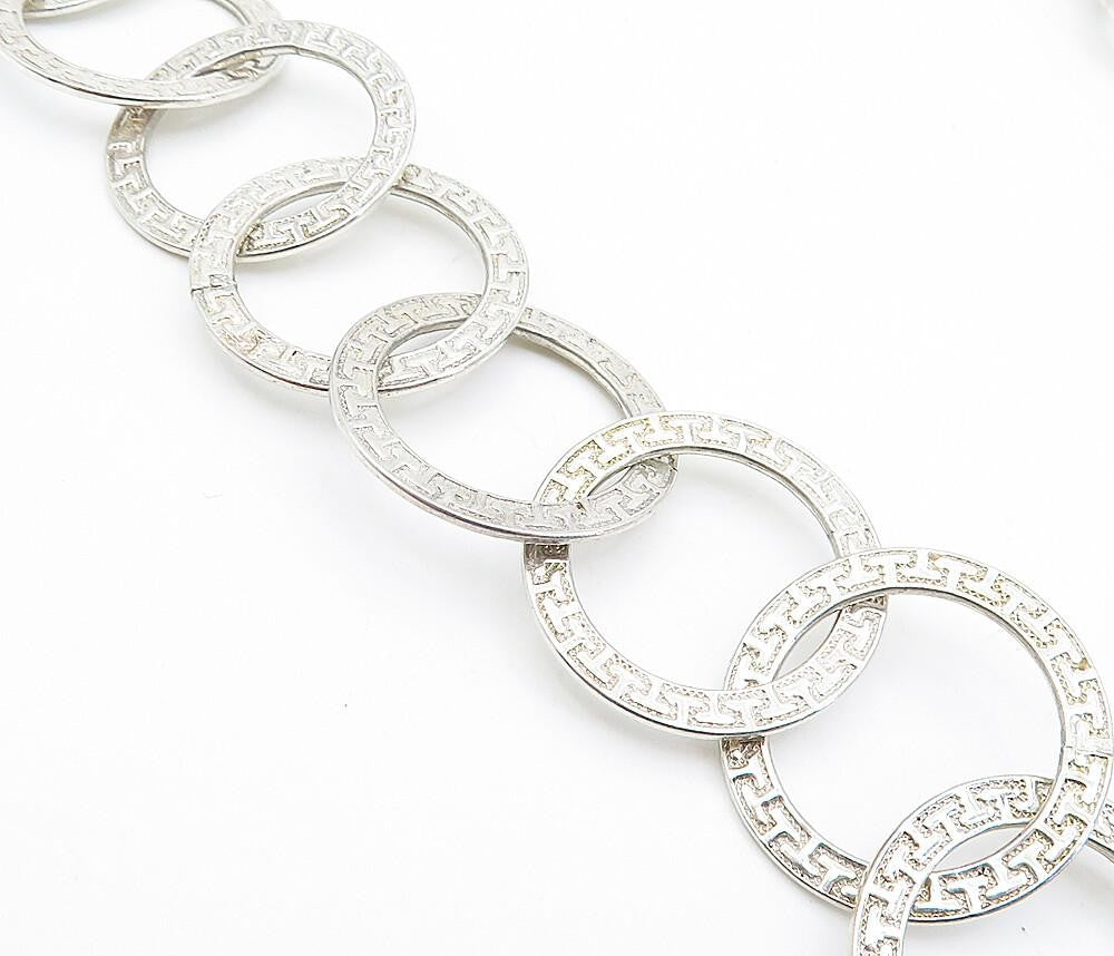 925 Sterling Silver  Vintage Greek Key Open Circle link Chain Necklace  NE1157