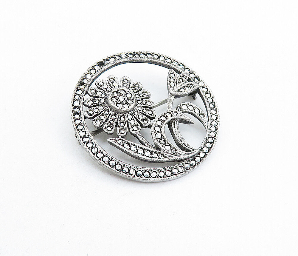 925 Sterling Silver  Vintage Sparkling Blooming Flowers Brooch Pin  BP2235