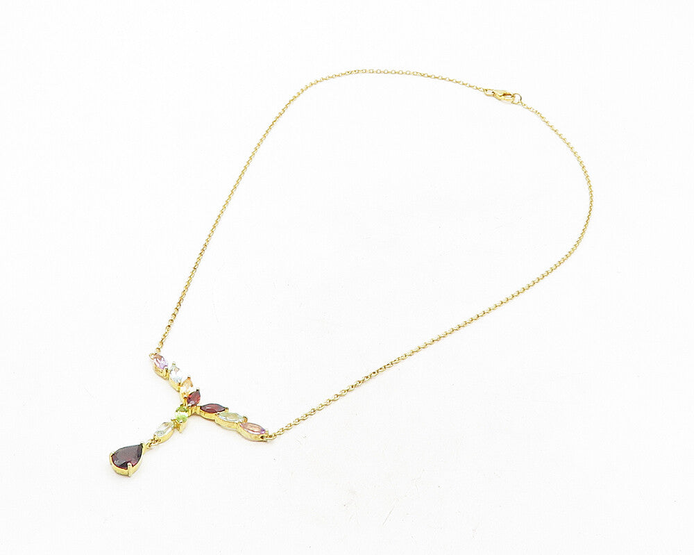 925 Sterling Silver Garnet & Multi Stone Gold Plated Chain Necklace NE1954