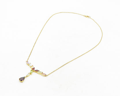 925 Sterling Silver Garnet & Multi Stone Gold Plated Chain Necklace NE1954