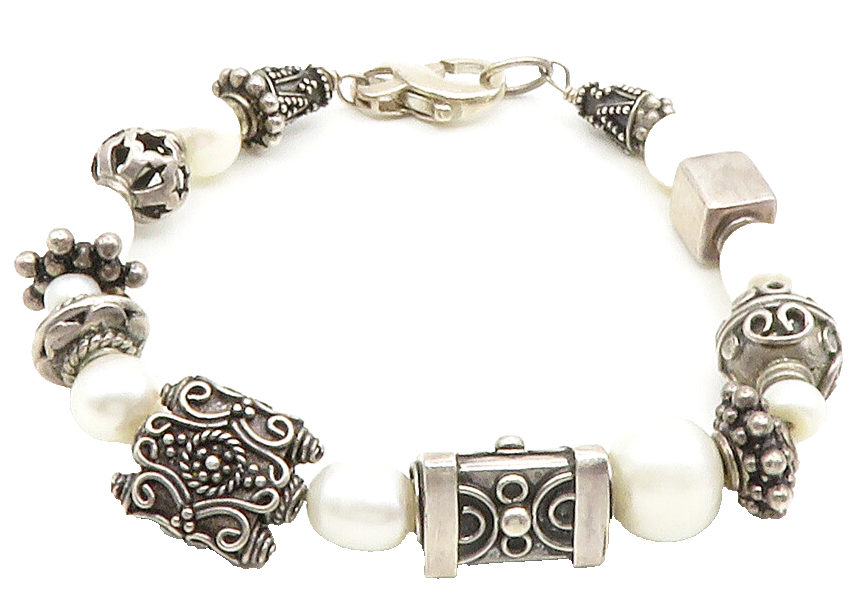 925 Sterling Silver  Vintage Shiny Pearls Ornate Beaded Chain Bracelet  BT5874