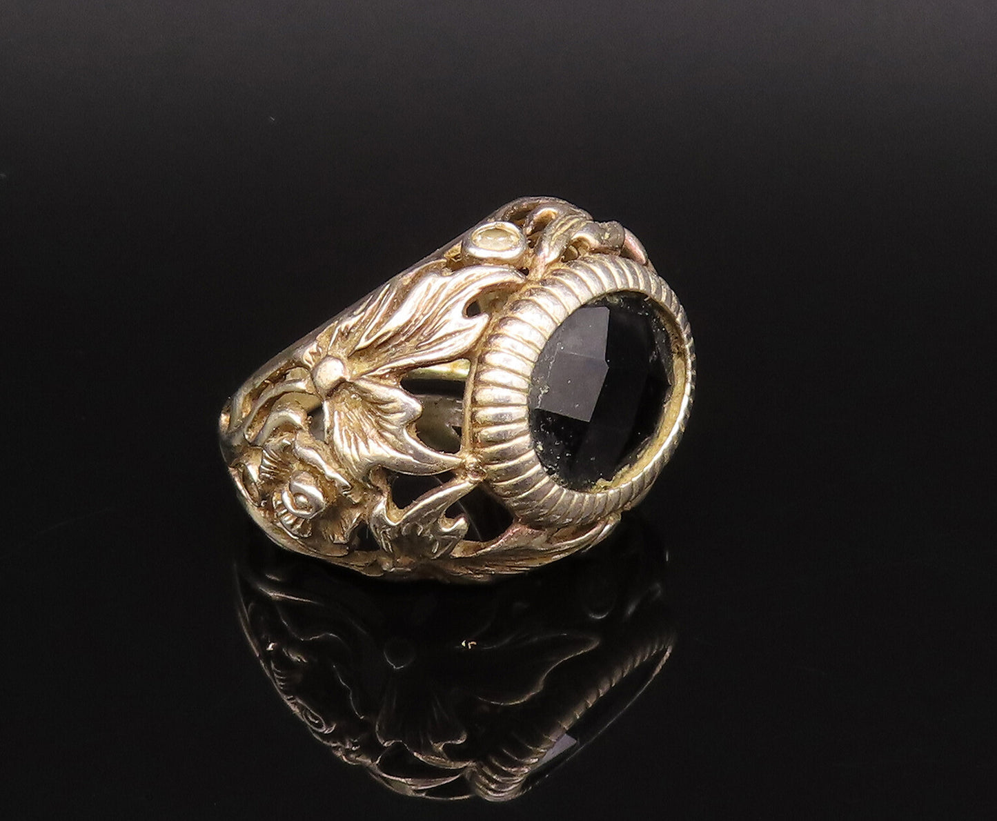 925 Silver  Vintage Oval Black Spinel Openwork Leaf Dome Ring Sz 6.5  RG25895