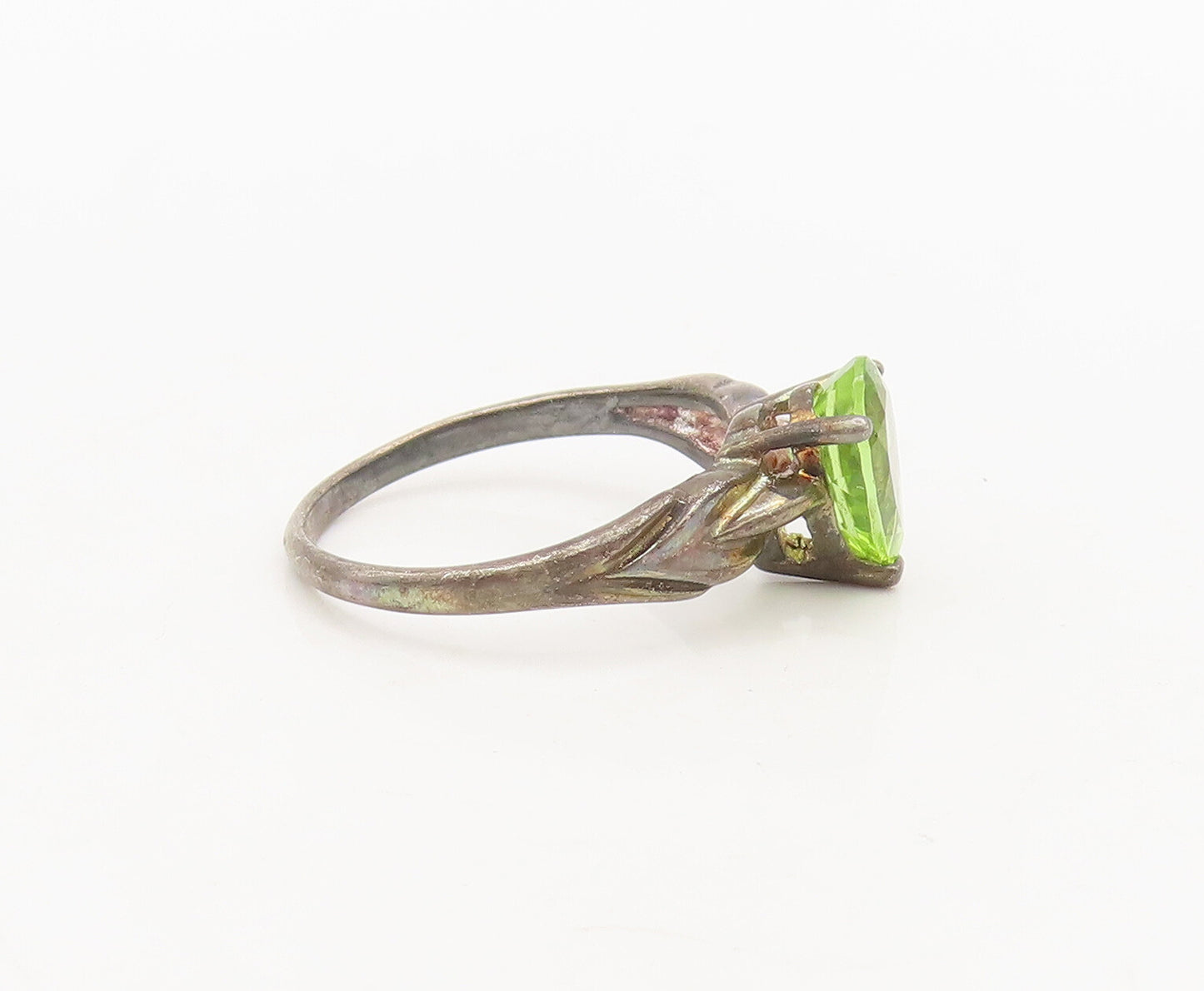 925 Silver  Vintage Swirly Carved Neck Pear Cut Green Topaz Ring Sz 8  RG27076
