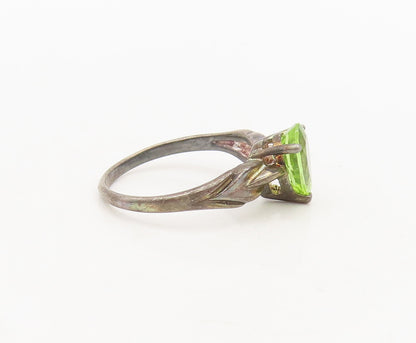 925 Silver  Vintage Swirly Carved Neck Pear Cut Green Topaz Ring Sz 8  RG27076