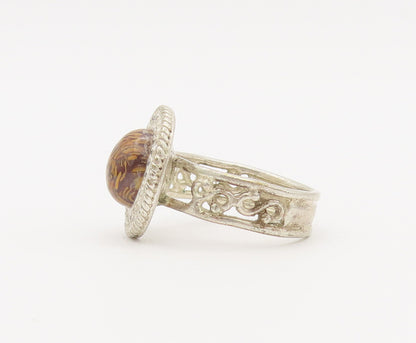 925 Sterling Silver Vintage Ring Carved Beaded Disc Enameled Stone Sz 8 RG27815