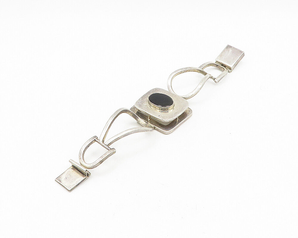 MEXICO 925 Sterling Silver  Vintage Inlaid Black Onyx Chain Bracelet  BT7236