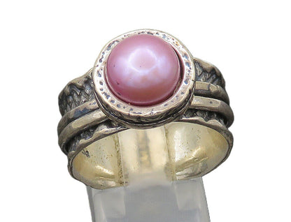 SHABLOOL ISRAEL 925 Silver  Vintage Pink Pearl Oxidized Band Ring Sz 9 RG21311