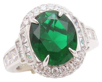 925 Sterling Silver Vintage Ring Oval Cut Green Halo White CZ Inlay Sz 7 RG30641