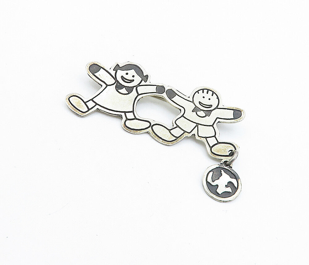 MEXICO 925 Sterling Silver  Vintage Oxidized Happy Children Brooch Pin  BP2372