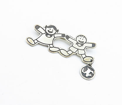 MEXICO 925 Sterling Silver  Vintage Oxidized Happy Children Brooch Pin  BP2372