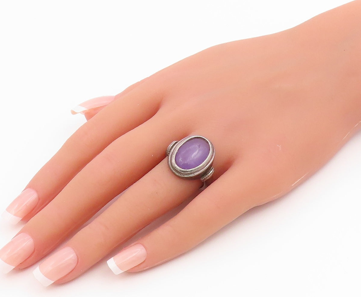 925 Sterling Silver Vintage Ring Cabochon Amethyst Statement Band Sz 6.5 RG35357