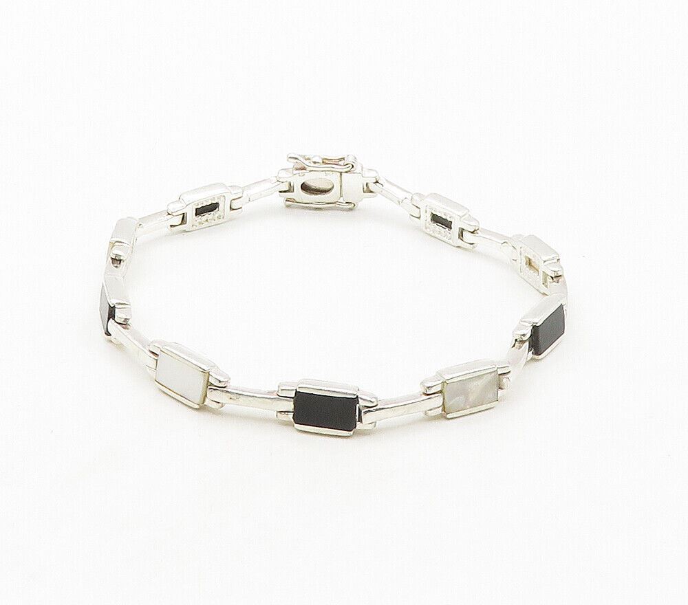 925 Sterling Silver  Mother Of Pearl & Black Onyx Shiny Chain Bracelet  BT6138