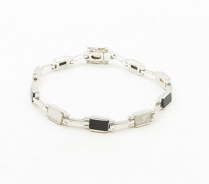 925 Sterling Silver  Mother Of Pearl & Black Onyx Shiny Chain Bracelet  BT6138