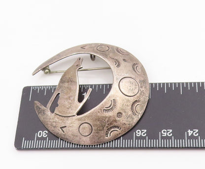 925 Sterling Silver Vintage Brooch MEXICO Etched Moon & Howling Wolf Pin BP11966