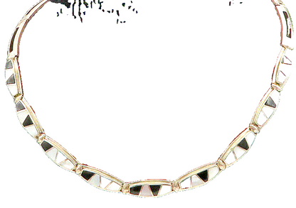 WHITNEY KELLY 925 Silver   Vintage Mother Of Pearl & Onyx Necklace  NE3289