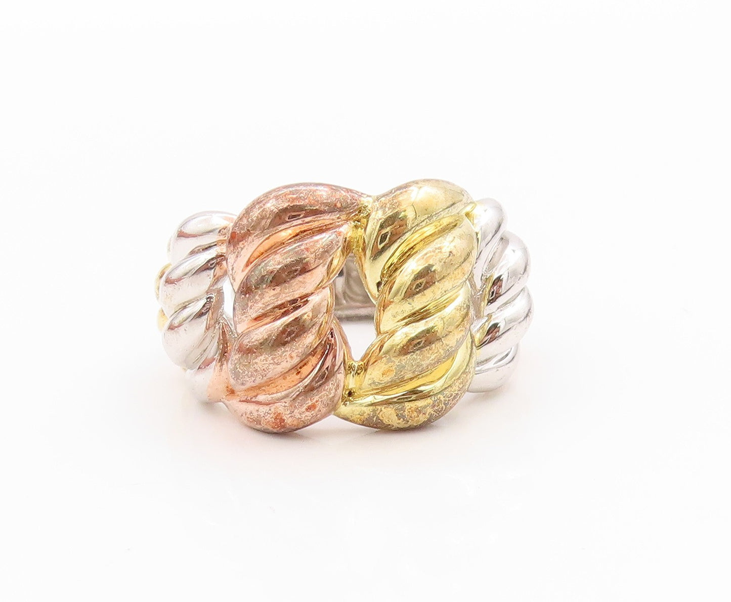 925 Sterling Silver Vintage Ring Gold Plated Tri Tone Braided  Sz 7.5  RG33511