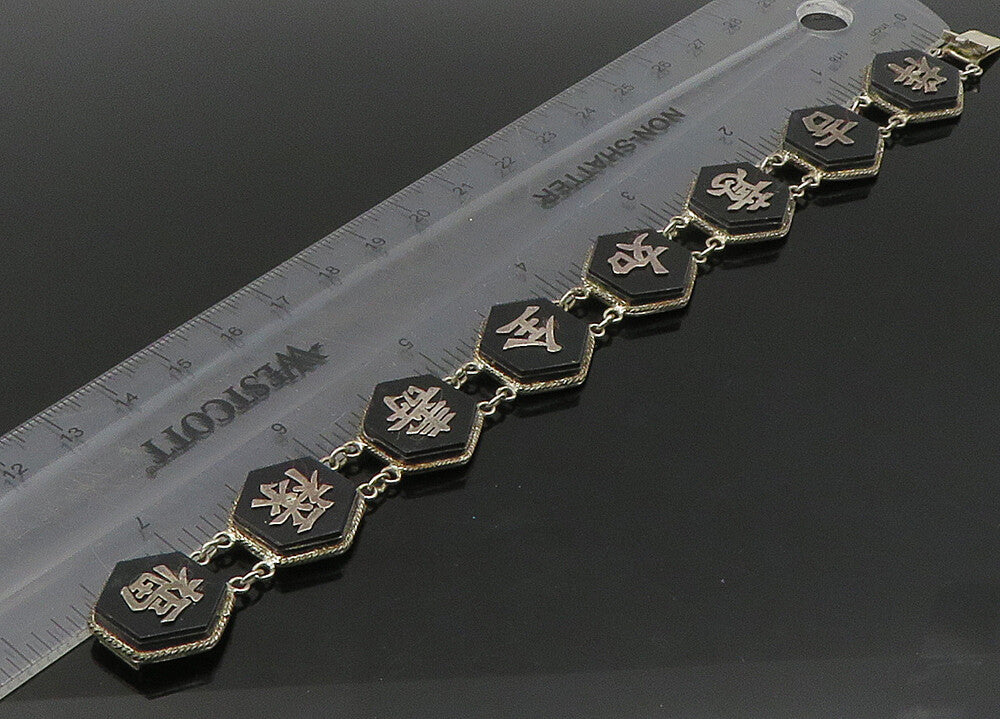 CHINESE 925 Sterling Silver  Vintage Black Onyx Hexagon Chain Bracelet  BT8946