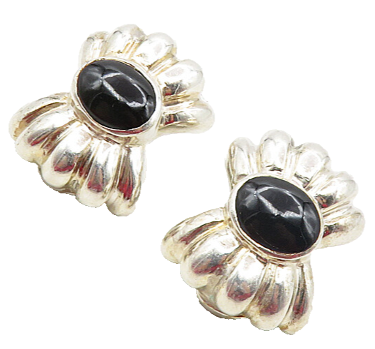 925 Sterling Silver  Vintage Black Onyx Bow Tie Non Pierce Earrings  EG4762