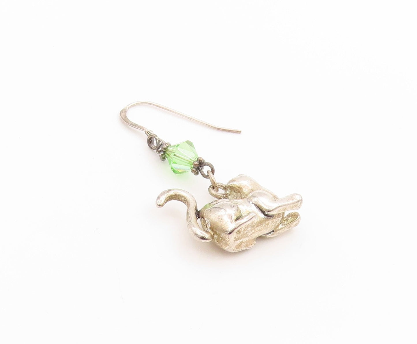 925 Sterling Silver Vintage Earrings Lucky Cat Charm with Green Sparkle  EG13710