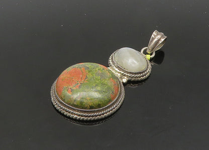 925 Sterling Silver  Vintage Cabochon Cut Unakite & Moonstone Pendant  PT17166