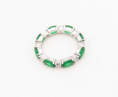 925 Sterling Silver Vintage Ring Oval Cut Green & White CZ 360 Band Sz 7 RG30513