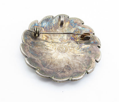 GARCIA MEXICO 925 Silver  Vintage Abalone Onyx & Jasper Brooch Pin  BP2817