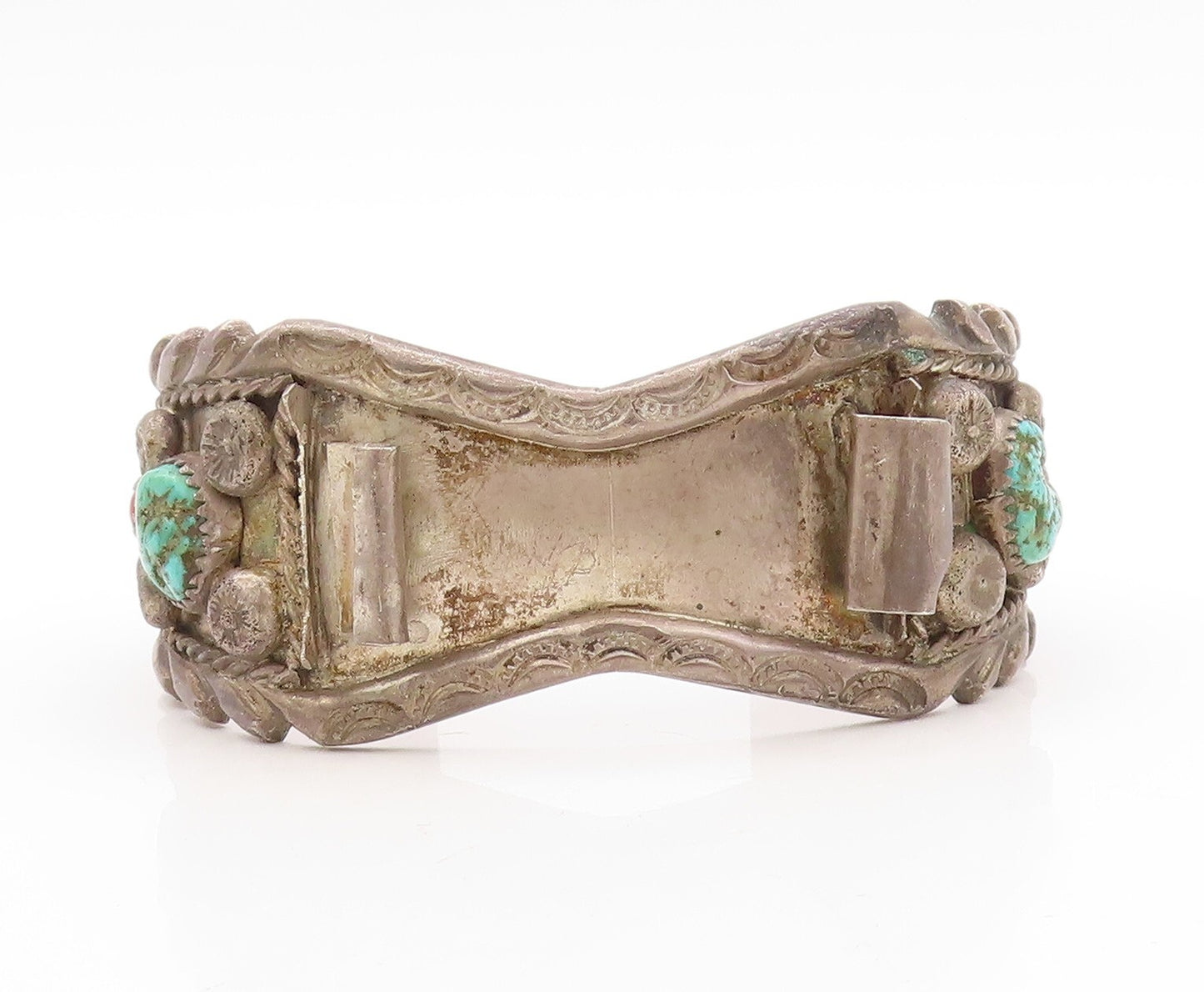 925 Sterling Silver Vintage Watch Cuff NAVAJO ZUNI Carved Turquoise  TR3820