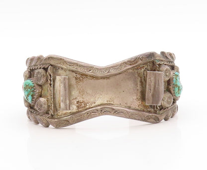925 Sterling Silver Vintage Watch Cuff NAVAJO ZUNI Carved Turquoise  TR3820