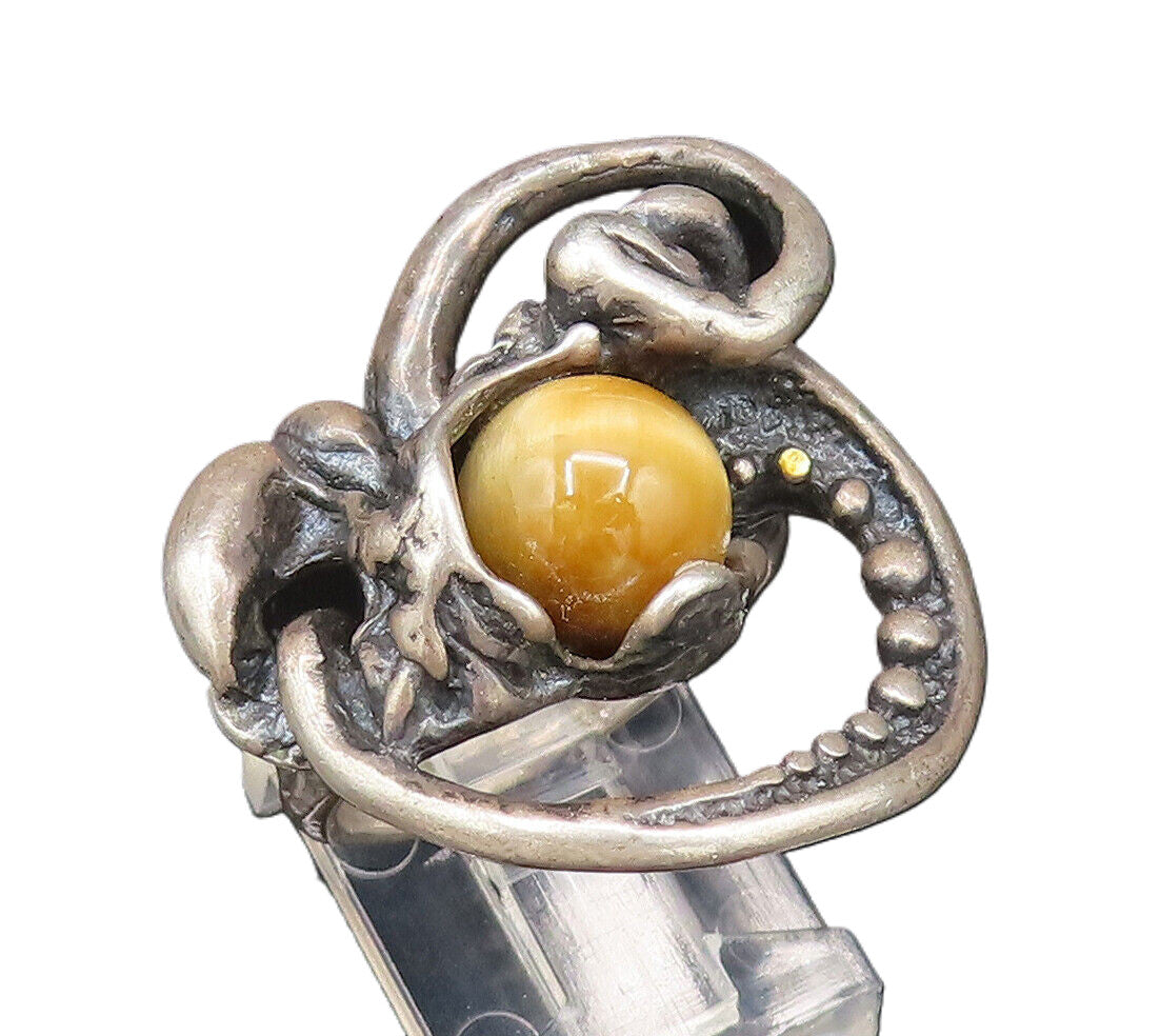 ISRAEL 925 Silver  Vintage Modernist Openwork Tiger's Eye Ring Sz 7.5  RG26019