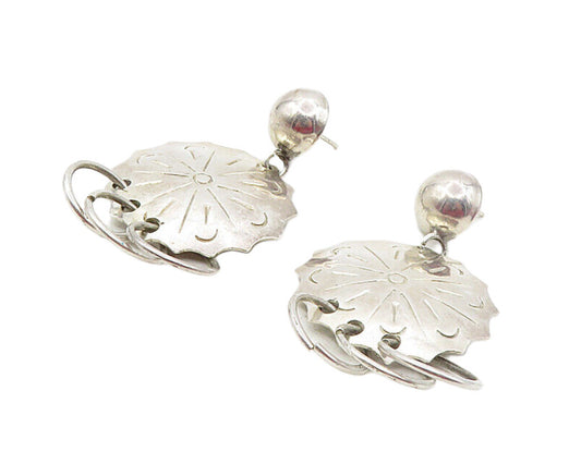 MEXICO 925 Silver  Vintage Shiny Floral Etched Design Dangle Earrings  EG4676