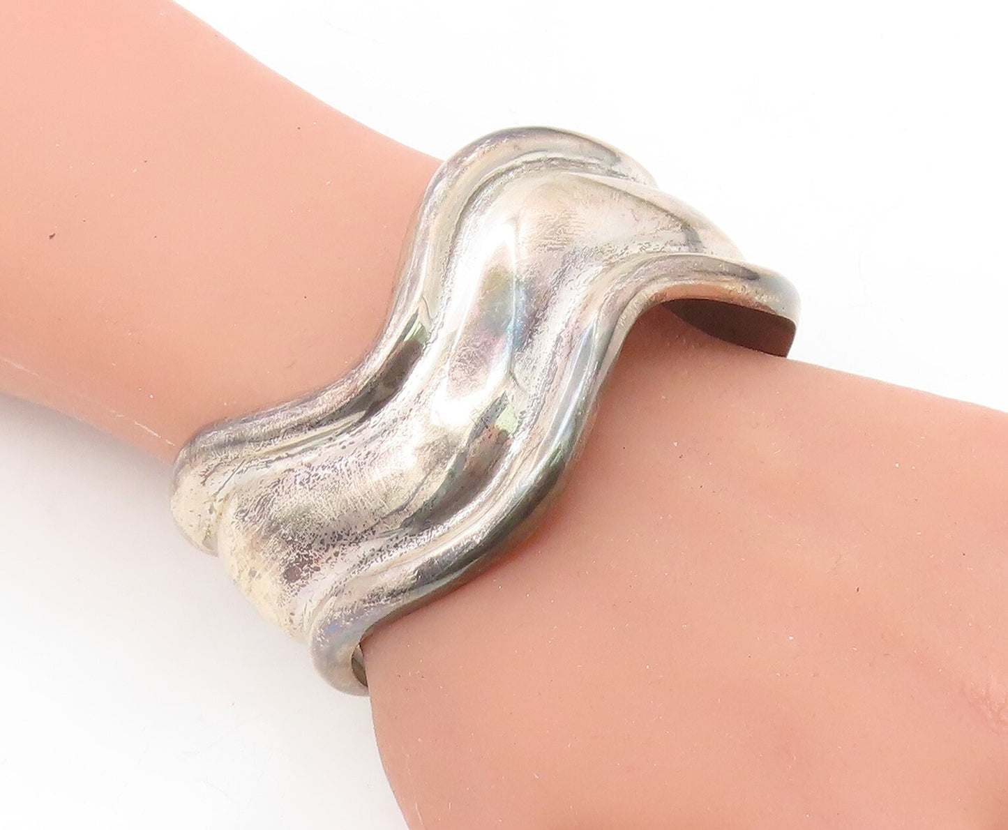 LOS BALLESTEROS 925 Silver Vintage Wavy Raised Edge Cuff Bracelet BT2772