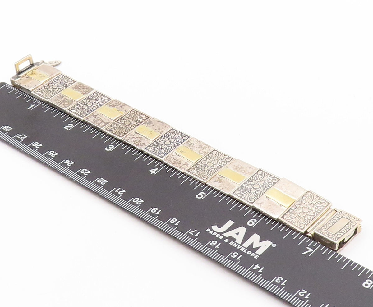 14k Gold 925 Sterling Silver Vintage Bracelet ISRAEL Floral Design  BT11044