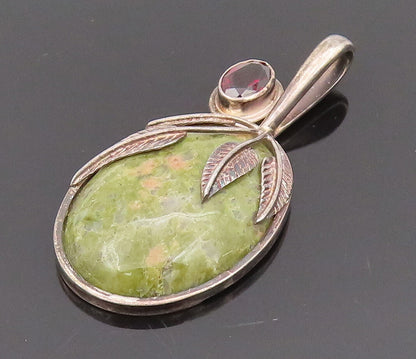 SAJEN 925 Silver  Vintage Oval Jasper With leaves & Garnet Pendant  PT22170
