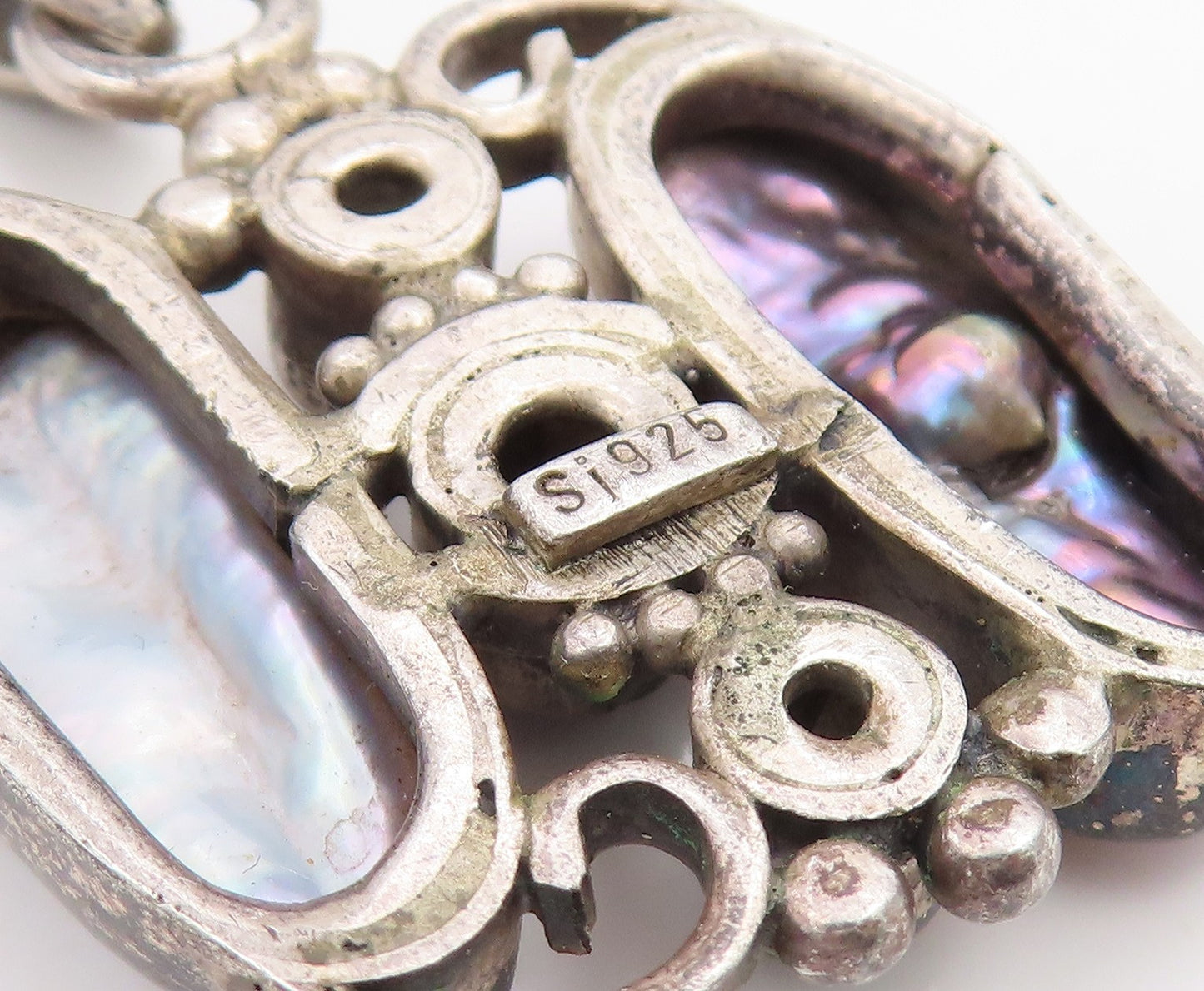 925 Sterling Silver Vintage Pendant Mother Of Pearl & Amethyst Charm  PT25913