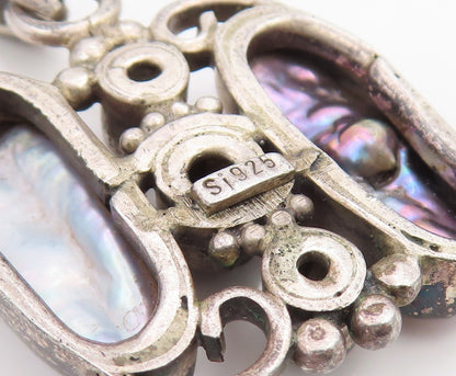 925 Sterling Silver Vintage Pendant Mother Of Pearl & Amethyst Charm  PT25913