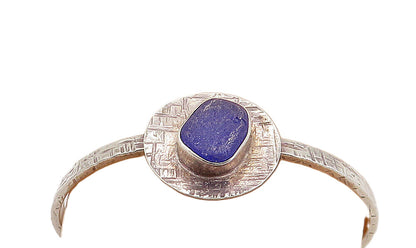 925 Sterling Silver  Vintage Lapis Lazuli Shiny Textured Cuff Bracelet  BT3085