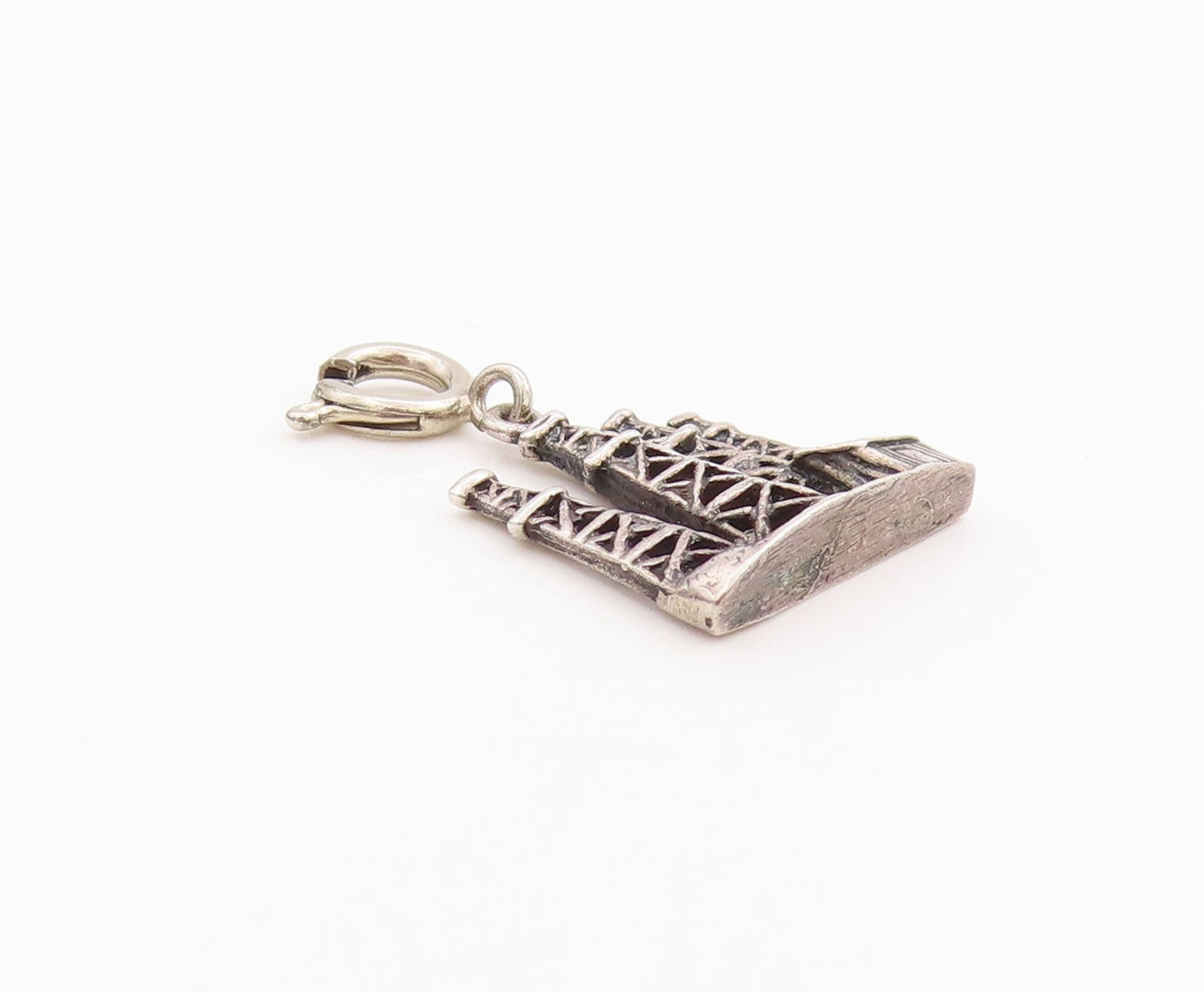 925 Sterling Silver Vintage Pendant Etched Miniature Oil Boom Town Charm PT24814