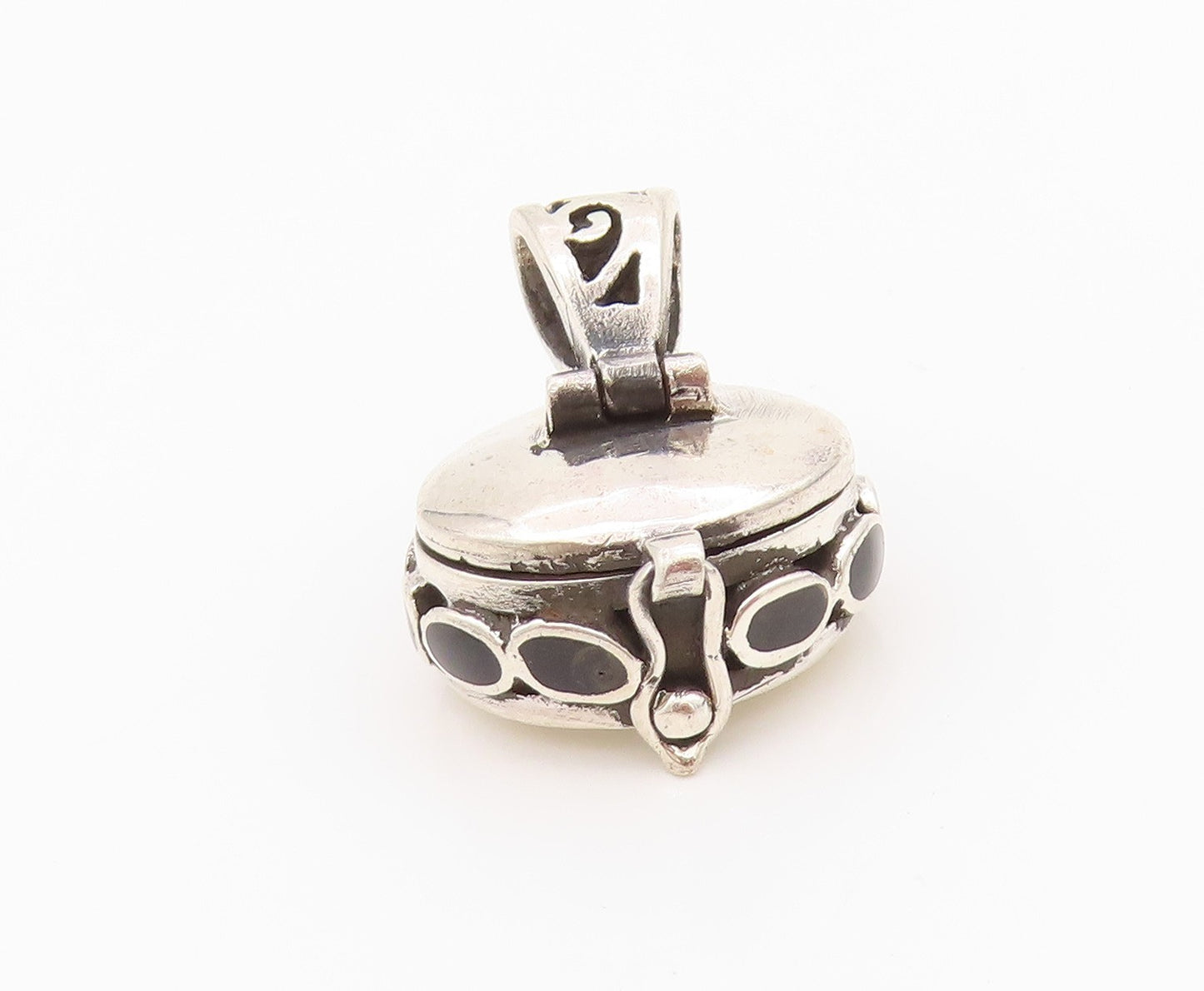 925 Sterling Silver Vintage Pendant Solid Onyx Carved Box OPENS  PT24300