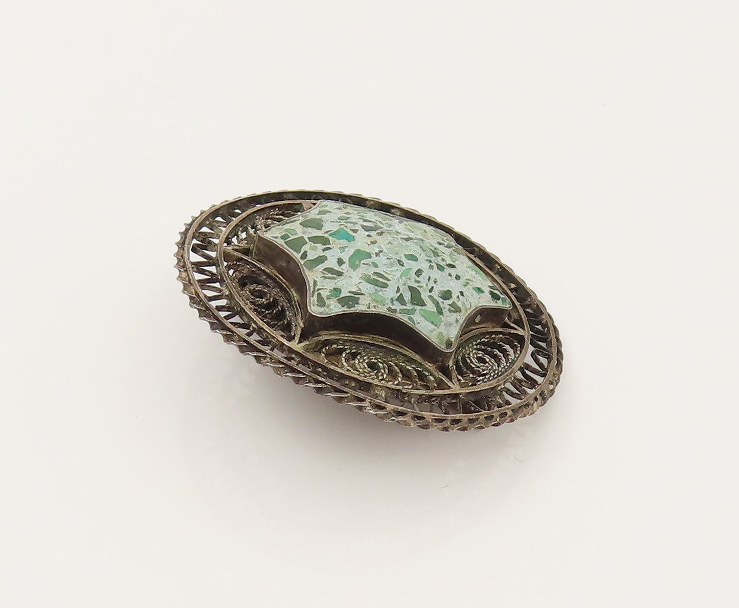 ISRAEL 925 Silver  Vintage Crushed Chrysocolla Star Wire Brooch Pin  BP10284
