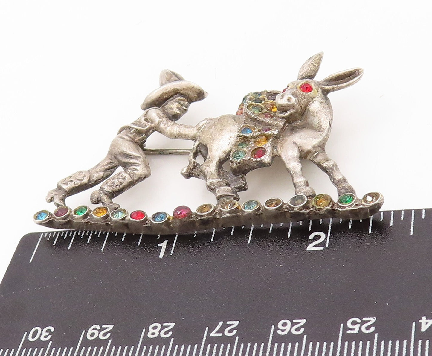 925 Sterling Silver Vintage Brooch Pin Antique Multi Stone Donkey & Man  BP11158