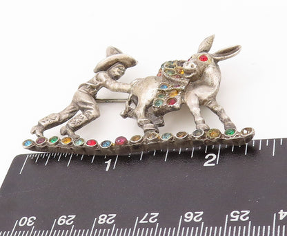925 Sterling Silver Vintage Brooch Pin Antique Multi Stone Donkey & Man  BP11158