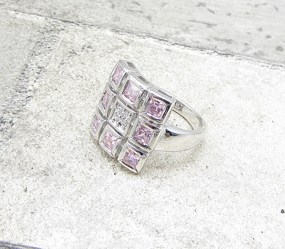 925 Silver  Pink Topaz & White Cubic Zirconia Boxed Cocktail Ring Sz 7  RG1585