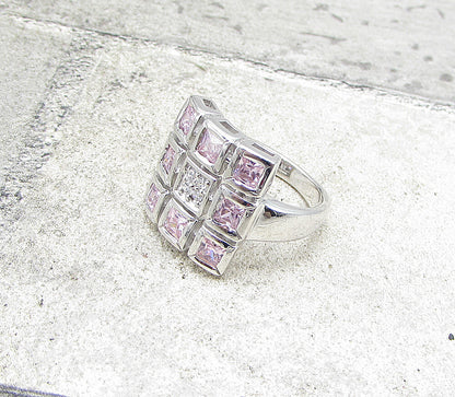 925 Silver  Pink Topaz & White Cubic Zirconia Boxed Cocktail Ring Sz 7  RG1585