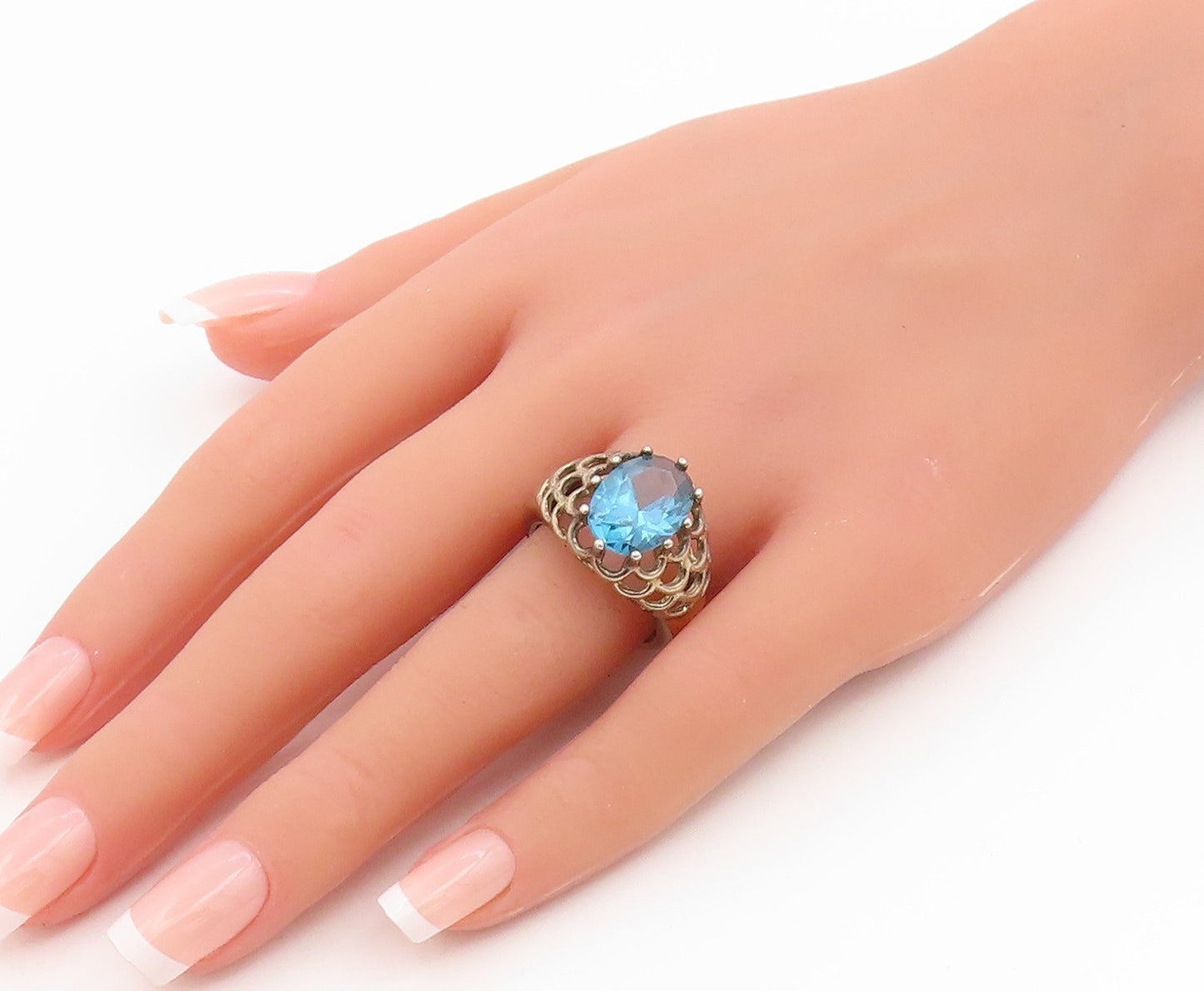 925 Sterling Silver Vintage Ring Gold Plated Blue Topaz Openwork  Sz 8  RG35694