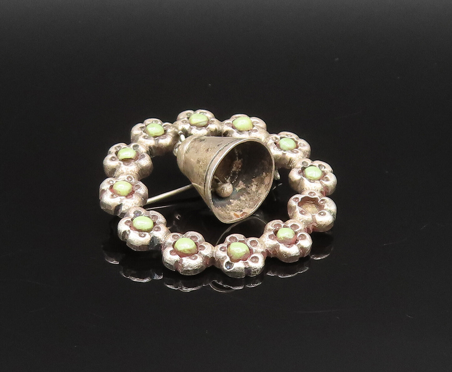 925 Silver  Vintage Antique Jingle Bell Serpentine Wreath Brooch Pin  BP9580